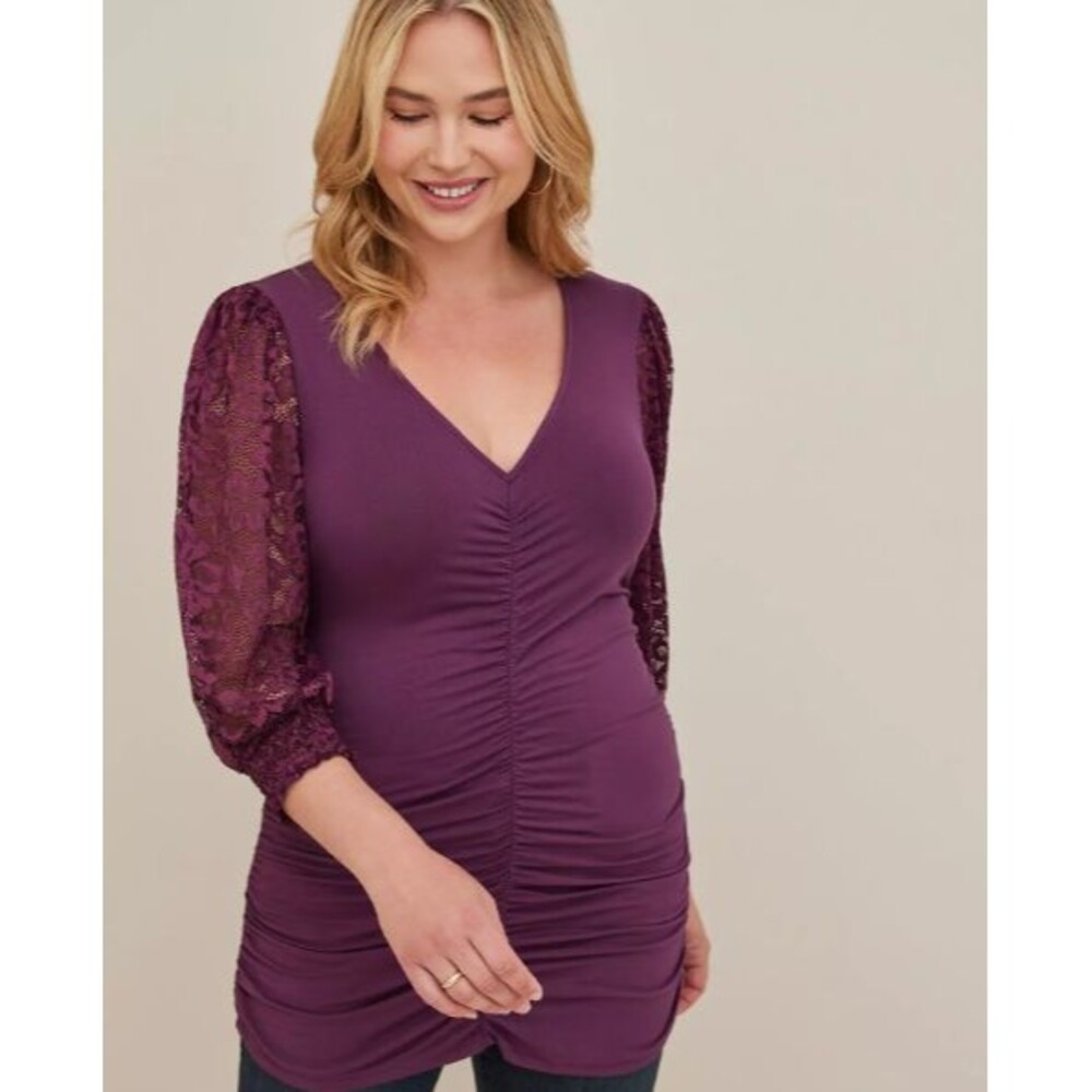 Torrid Super Soft Knit Top Women's 3X Wine Purple Lace Bishop Sleeves Stretchy